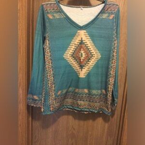 Long sleeve, southwest pattern, v neck shirt